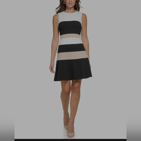 Tommy Hilfiger Black and Cream Strapless Fit and Flare Dress - Picture 1 of 4